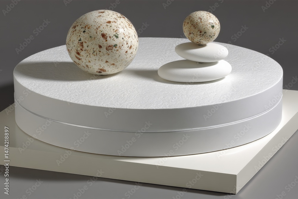 Poster modern art display featuring round sculptures on a minimalist pedestal interior design in a well-lit