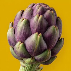 Fototapeta premium Vibrant artichoke, isolated on yellow background, showcasing unique structure and texture.