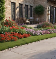 Fototapeta premium Newly installed patio with thriving flowerbeds , botanical, vibrant