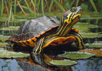 Obraz premium Painted Turtle on Lily Pads in a Swamp