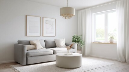 Fototapeta premium Modern living room design with neutral tones and natural light in a contemporary setting