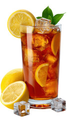 Refreshing Citrus Delight: a glass of iced tea, artfully composed with vibrant lemon slices, ice cubes, and a sprig of fresh mint, radiating a sense of refreshment and the inviting flavors of summer.