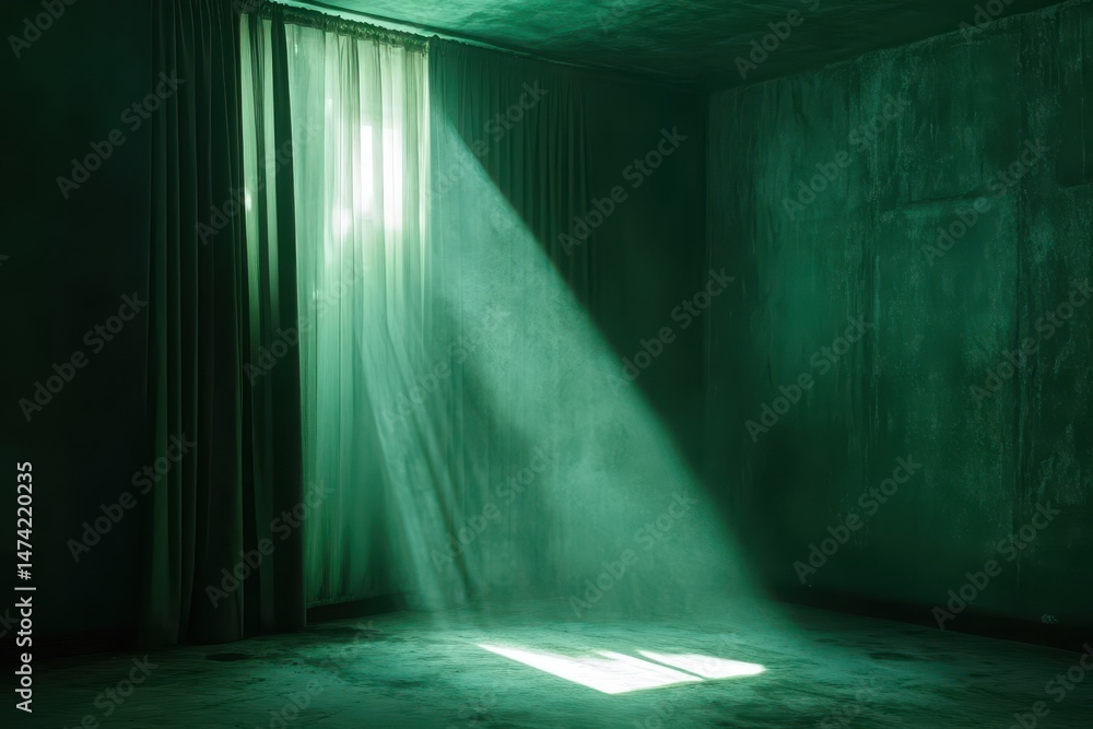 Poster empty green room with light coming through a curtained window. perfect for concepts like loneliness,