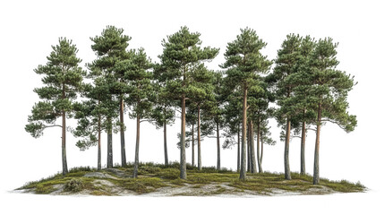 Isolated pine trees forest on hill, PNG transparent background, for graphic design and compositing, natural scenery element in high resolution