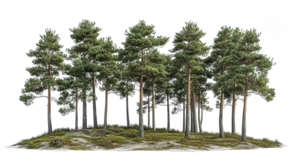 Isolated pine trees forest on hill, PNG transparent background, for graphic design and compositing, natural scenery element in high resolution