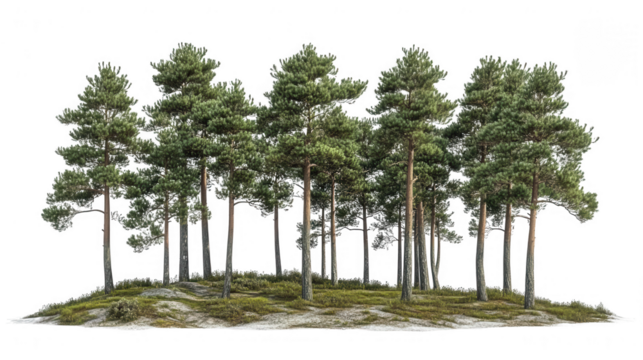 Isolated pine trees forest on hill, PNG transparent background, for graphic design and compositing, natural scenery element in high resolution