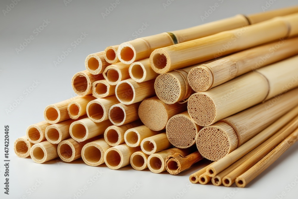 Poster natural bamboo tubes arranged artistically for crafts and construction projects in a workshop settin