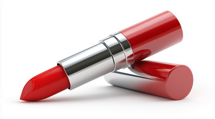 A lipstick with open cap, vibrant red, isolated on white