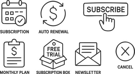 Multiple icons depicting subscription services, auto renewal, free trial, and cancellation processes in a clean vector illustration format