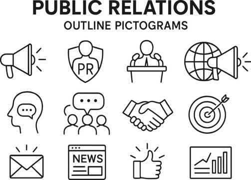 Illustration depicting various concepts of affiliate marketing through outline icons representing key activities and elements