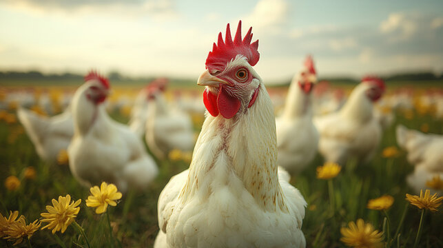 large group of white chickens standing on a poultry farm, free-range broilers in a natural outdoor setting 