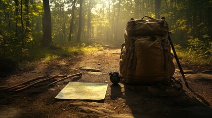 Hiking backpack with gear placed on forest ground beside trail map and walking sticks