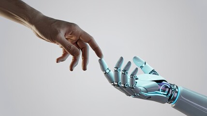 Human Hand Reaching Toward Robotic AI Hand, Symbolizing Connection Between Technology and Humanity, Isolated on White Background with Futuristic Concept