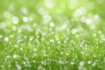Fototapeta premium Dew-kissed grass in horizontal sunlight is a popular visual element in spring wellness campaigns, eco-friendly initiatives, and natural lifestyle content designed for Earth Day events, environmental