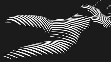 Minimalist black and white abstract art of feminine curves in projector light. Soft flowing lines shaping the beautiful woman body form. Elegant line art of female sensual figure. Vector illustration