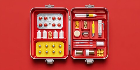 Bright red background with open first aid kit  supplies