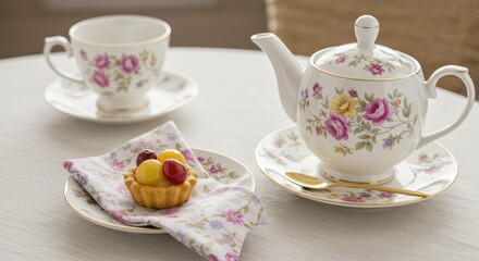 Tea setting with teapot teacup and pastry