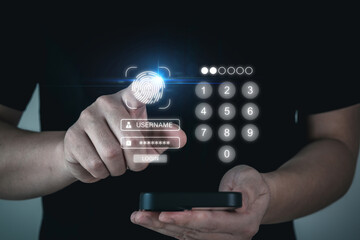 Fingerprint. business man entering password code on mobile smartphone, cyber internet security, information security, digital marketing, shopping online, online payment and digital technology concept