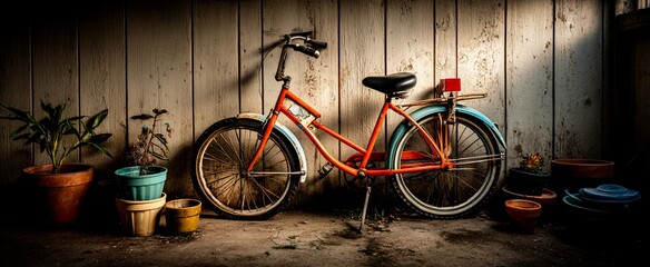 Rusty bicycle and plants in a weathered shed