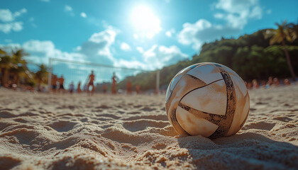 Volleyball on sandy beach with blurred people enjoying in background