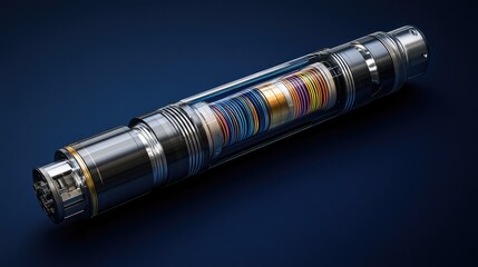 Metallic brushless cylindrical motor with colorful wires arranged neatly on deep blue textured background