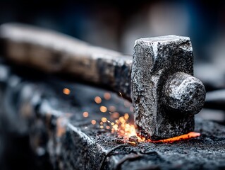 Rusty hammer strikes glowing metal