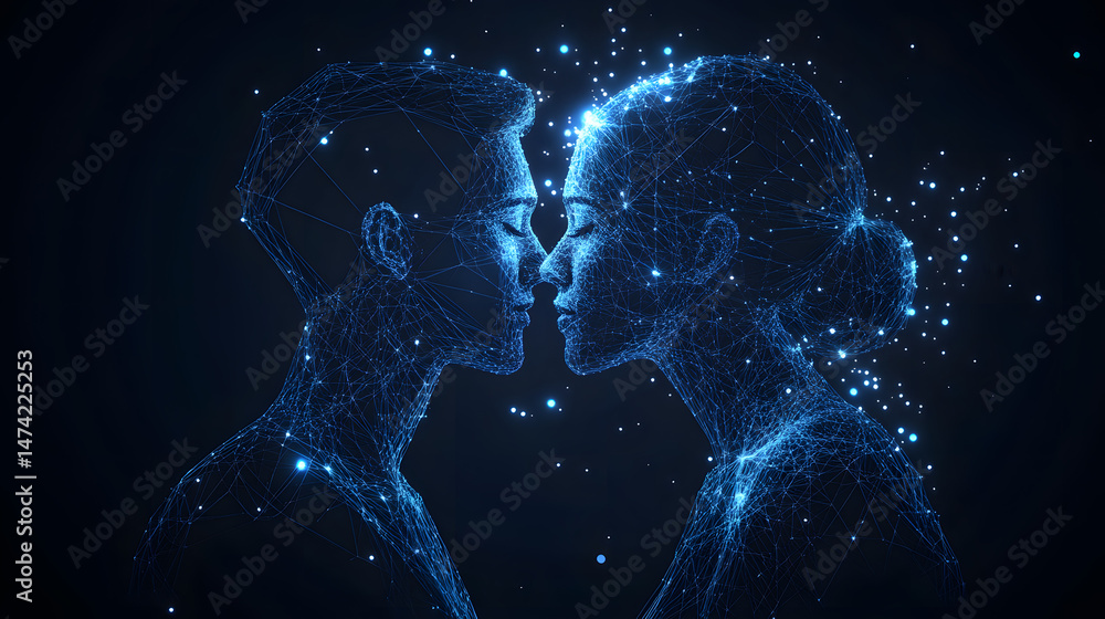 Poster Futuristic wireframe art showcases a man and woman connected by digital lines, symbolizing modern relationships and technology's influence. Abstract wireframe in dark blue.