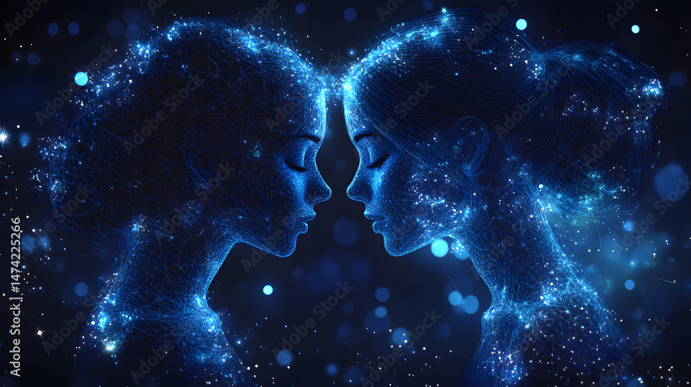 Aufkleber Two stylized human profiles face each other, formed from luminous points and interconnected blue lines against a dark backdrop, evoking unity and cosmic connection. Abstract wireframe in dark blue.