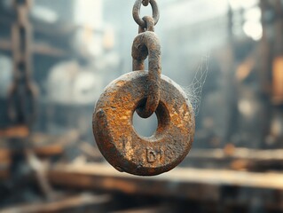 Rusty circular weight hanging from a chain in a industrial setting