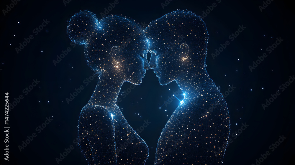 Aufkleber futuristic digital art showcasing a couple connected by a network of glowing lines in a dark, starry