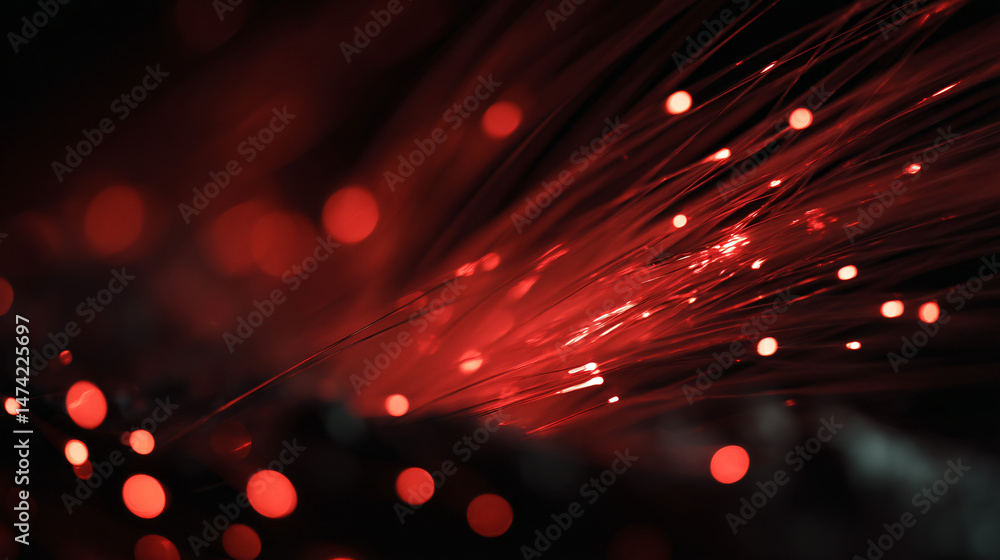 Poster glowing red sparks bursting and flying against a black background, creating an abstract fiery design