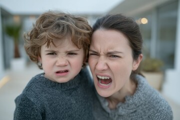 An irate mother yells at her misbehaving son in the park as the young child covers his ears to avoid the angry parent's screams