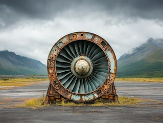 Rusty jet engine on a deserted runway