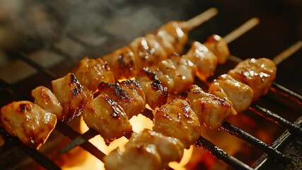Delicious chicken skewers grilling over an open flame, for food and barbecue concepts - Powered by Adobe