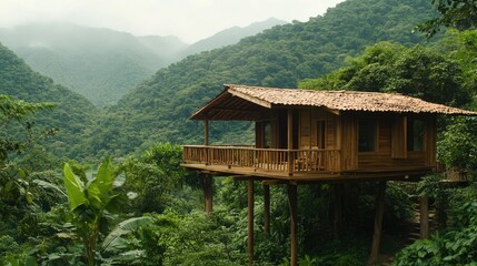 Traditional wooden house on stilts nestled among mountain forest