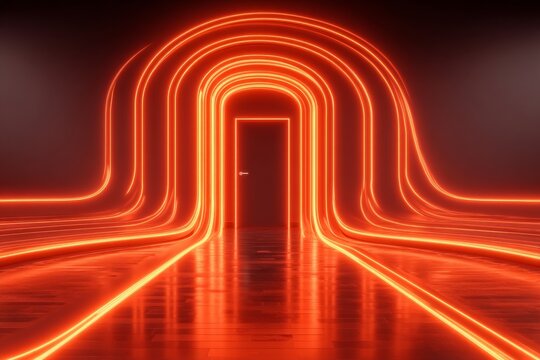 A 3D rendered illustration of an architectural visualisation depicting alien fiction with a yellow light and an open gate