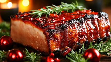 Glazed pork loin roast, rosemary garnish, festive setting