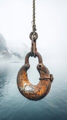 Rusty hook hanging from a rope over water and misty mountains