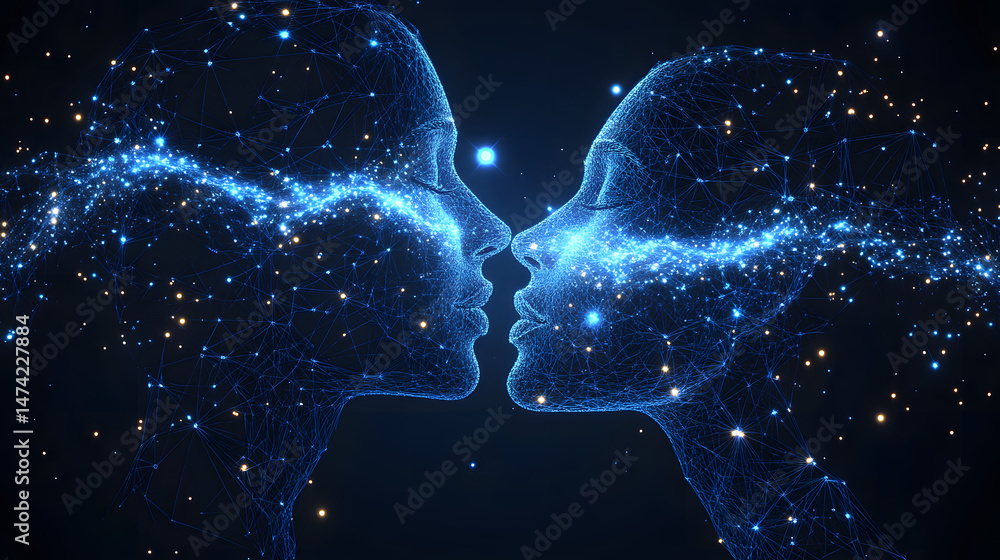 Aufkleber stylized faces, rendered with blue lines and points of light, lean in as if to kiss. energy flows be