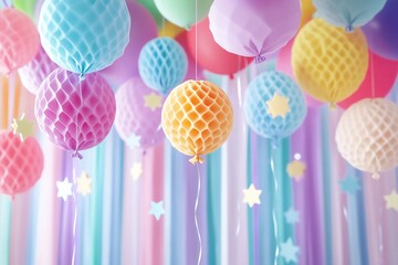 Pastel balloon party decorations for birthday celebration and festive events and colorful background design