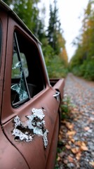 Rusty pickup truck, abandoned roadside, autumnal forest path