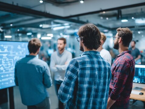 Team collaborates on technological solutions in a modern industrial space - Powered by Adobe