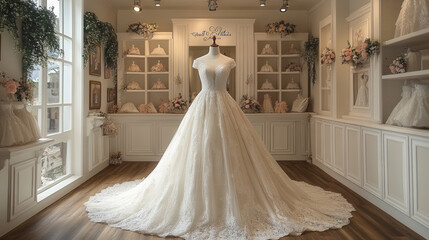 beautiful white wedding dress on a mannequin in a bridal shop, close-up elegance 