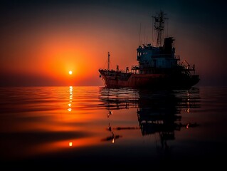 Fototapeta premium Rusty ship at sunrise, calm sea reflection