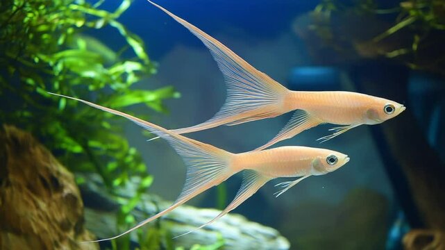 Elegant pair of white swordtail fish gracefully swimming in a freshwater aquarium display