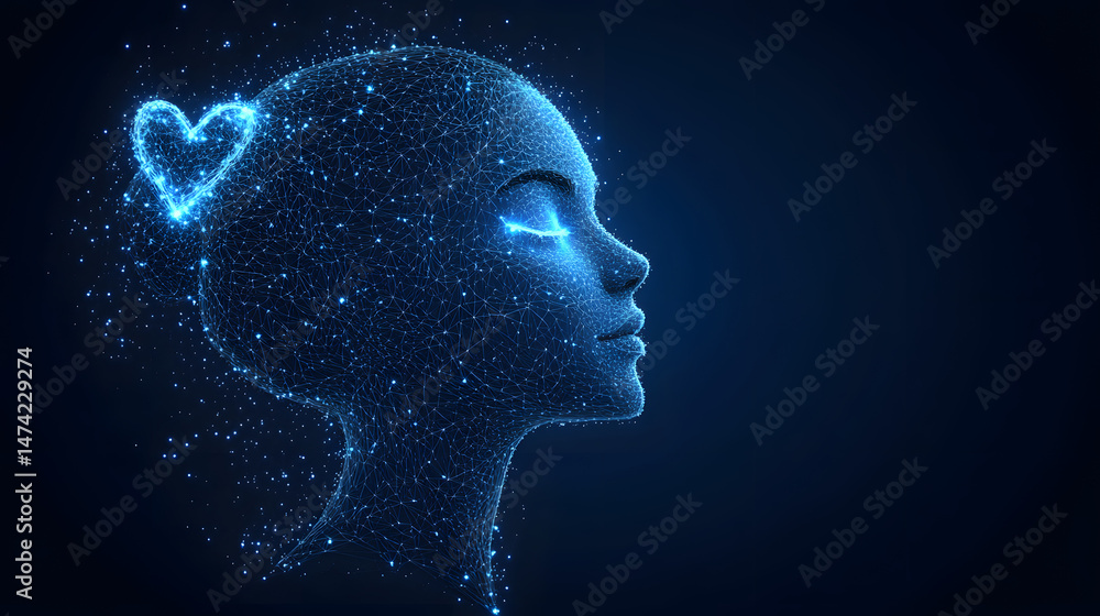 Aufkleber Digital human face profile with glowing blue network and heart. Abstract wireframe in dark blue, ideal for technology, innovation, or futuristic themes. Striking visual for modern concepts.