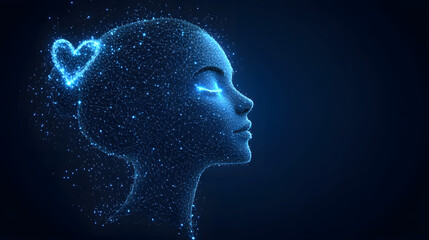 Digital human face profile with glowing blue network and heart. Abstract wireframe in dark blue, ideal for technology, innovation, or futuristic themes. Striking visual for modern concepts.