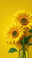 Obraz premium Bright yellow sunflowers in a clear glass vase radiate warmth against a sunny background, filling the scene with natural beauty and summer charm, wonderfully fresh.