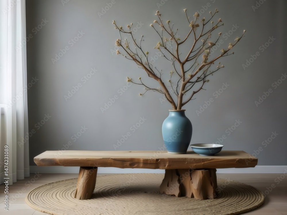Aufkleber 木製の卓上にある青い陶器の花瓶に生けられた枝の静物 白い壁とベージュ色のラグがアクセントの穏やかな室内シーン