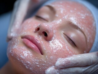 Fototapeta premium A woman unwinds in peaceful ambiance while receiving a facial treatment at a wellness spa
